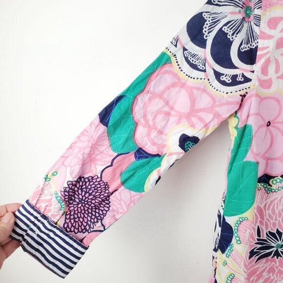 Talbots Medium Petite Pink Blue Tropical floral Popover Blouse Collared long Sle - Picture 4 of 9